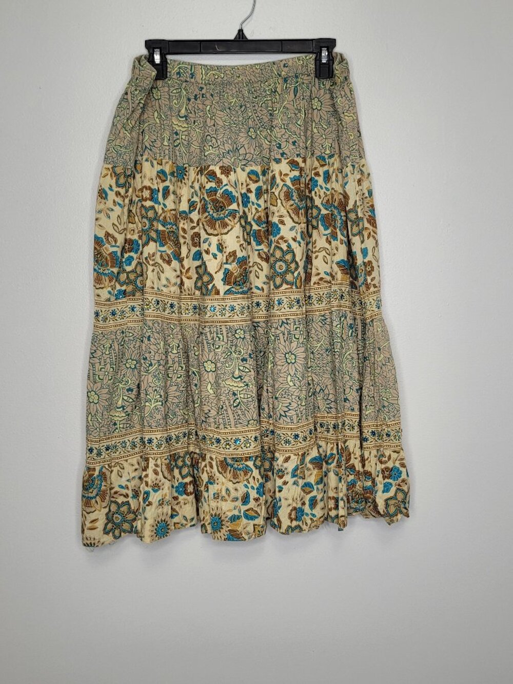 Phool tan blue brown boho rustic pull on midi maxi skirt size 1x